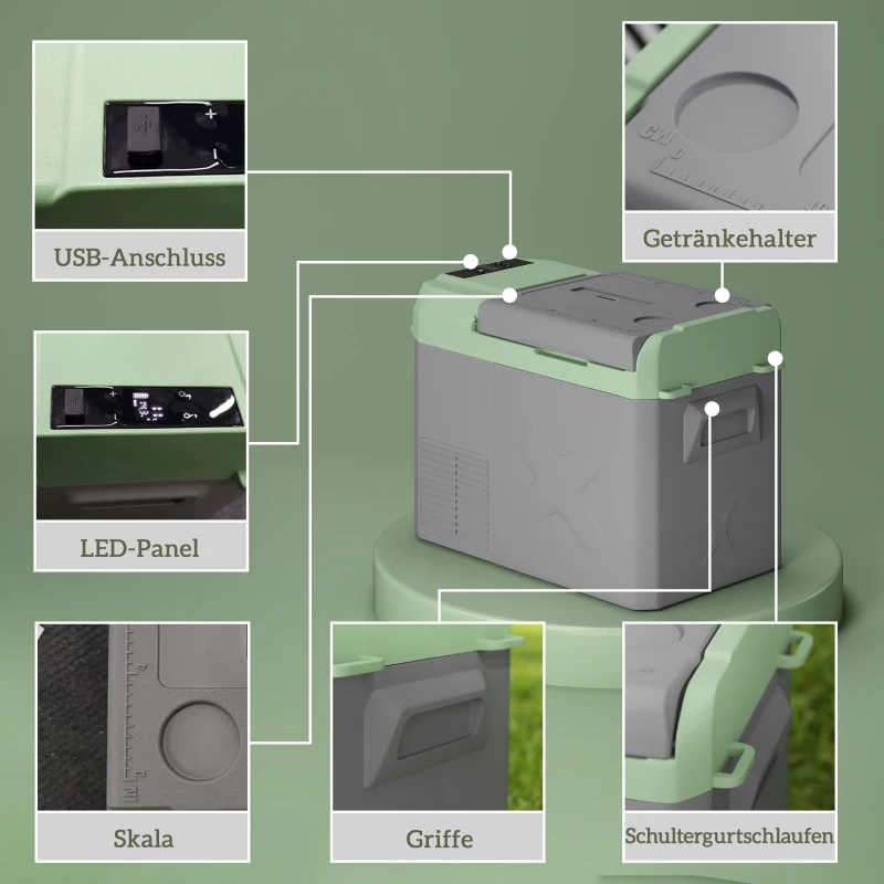 Outsunny 24,2 Liter Camping-Kühlschrank, Autokühlschrank, Kühlbox mit LED-Licht, AC- und DC-Adapter, leiser Betrieb, Grau+Grün