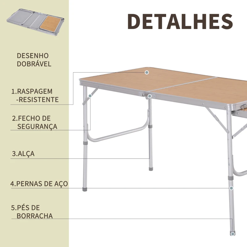 Outsunny Mesa de piquenique dobrável Mesa de campismo com lâmina dobrável Estrutura leve