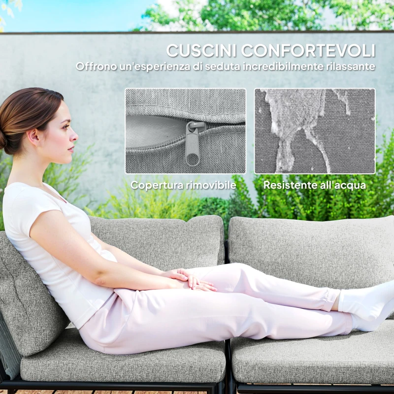 Outsunny Salotto da Giardino in Rattan con Divano Angolare Modulabile, Tavolino da Caffè e Cuscini, Grigio