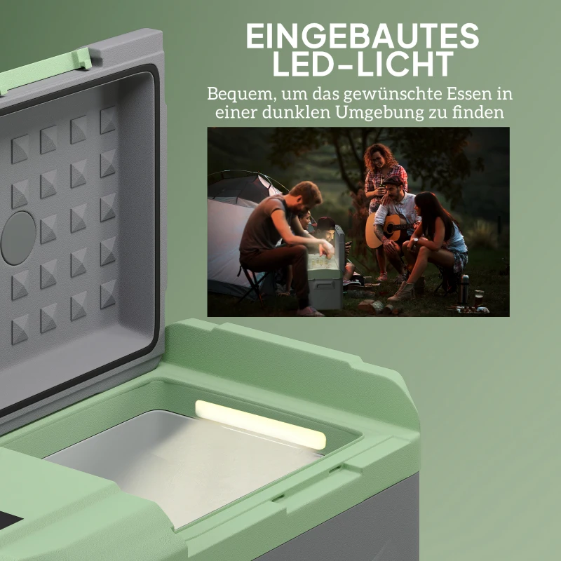 Outsunny 24,2 Liter Camping-Kühlschrank, Autokühlschrank, Kühlbox mit LED-Licht, AC- und DC-Adapter, leiser Betrieb, Grau+Grün