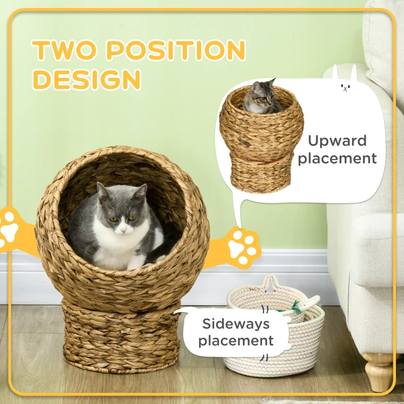 PawHut Woven Banana Leaf Elevated Cat Bed Wicker Kitten Basket Pet Den. House Cosy Cave with Soft Cushion Dome 42x33x52cm Brown