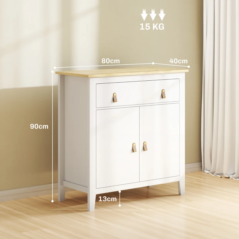 HOMCOM Aparador con Cajón Armario de 2 Niveles y Estante Ajustable Base Elevada y Amplia Superficie 80x40x90cm Blanco y Roble