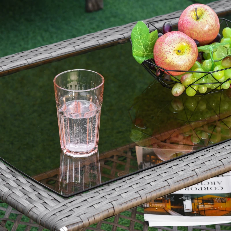 Outsunny Conjunto de 4 móveis de jardim de vime PE Poltrona, sofá duplo e mesa de centro com almofadas laváveis para terraço ao ar livre, marrom e cáqui