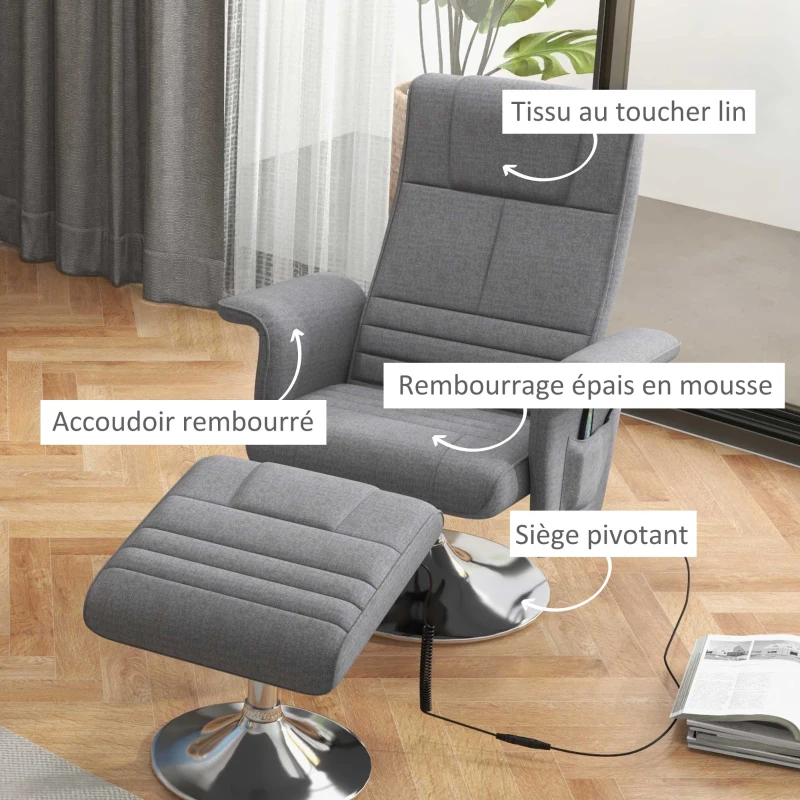 HOMCOM Fauteuil relax massant avec pouf, fauteuil TV avec dossier inclinable siège pivotant à 360° 78 x 95 x 88 cm gris foncé