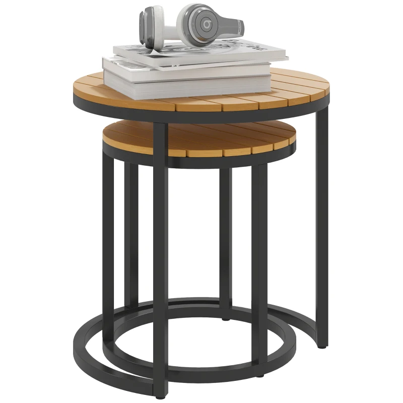 Outsunny Juego de 2 Mesas de Jardín con Encimera de Madera de Acaica Diseño Listones con Marco de Acero y Pies Ajustables Teca