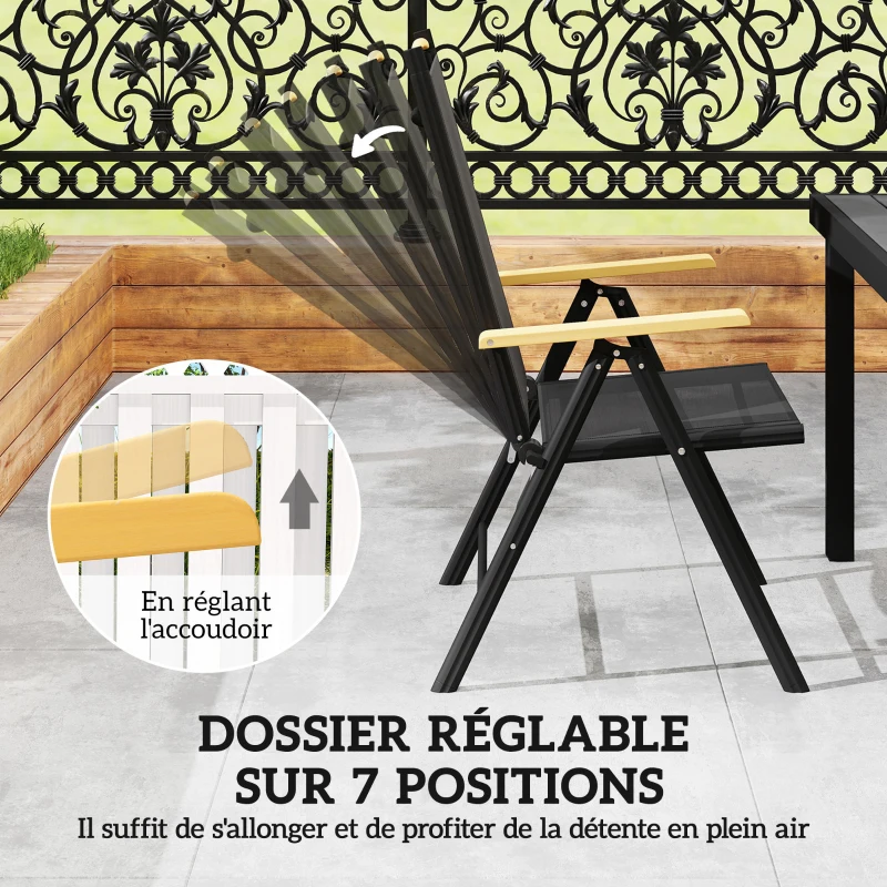Outsunny Salon de jardin extérieur 6 personnes, cadre en aluminium, table 140 cm, 6 chaises pliables et inclinables, noir