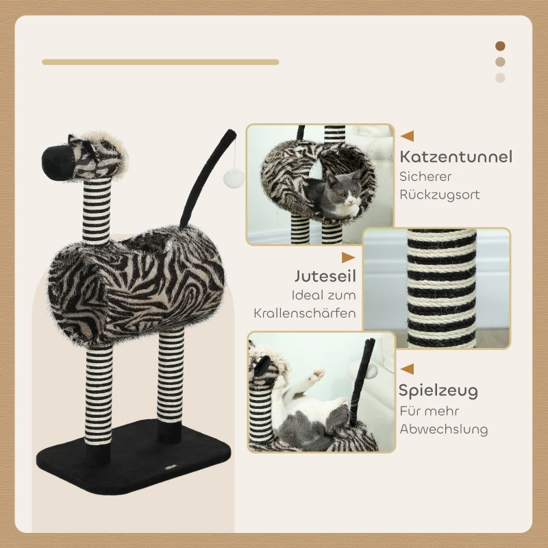 PawHut Kratzbaum im Zebra-Design, 1 Katzentunnel, 3 Kratzstämme 48,5 cm x 35 cm x 93 cm, Schwarz + Weiß