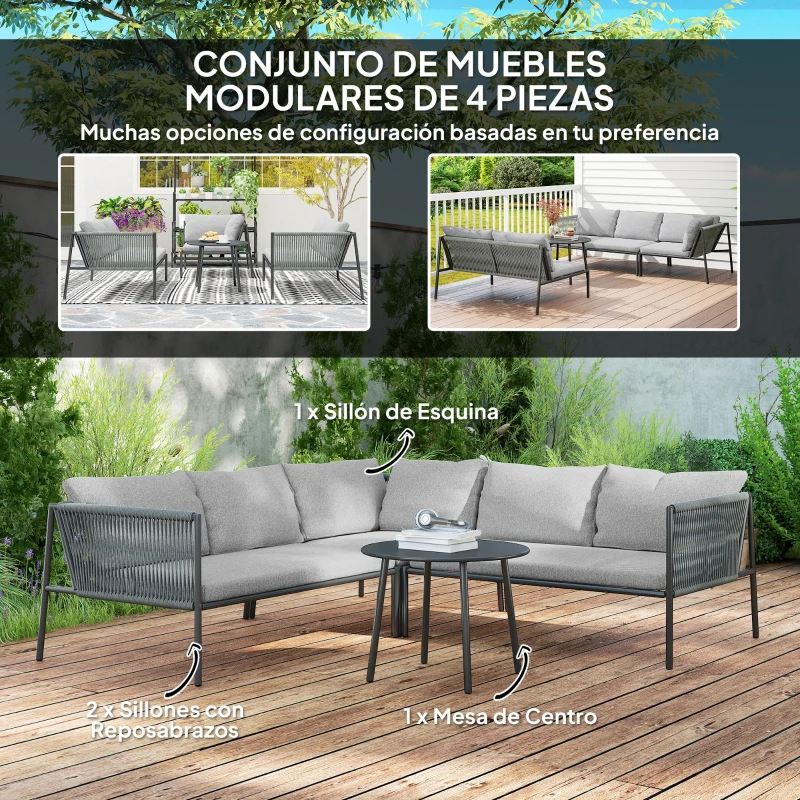 Outsunny Conjunto Jardín Exterior de Ratán con 2 Sofás de 2 Plazas Sofá Esquina Mesa Redonda Cojines Terraza Gris Oscuro