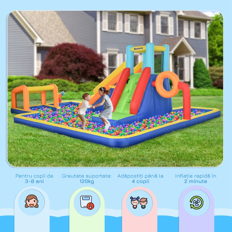 Outsunny Castel Gonflabil cu Tobogan, Perete de Cățărare, Tun de Apă, Inel de Baschet și Poartă de Fotbal, 590x460x220 cm, Multicolor