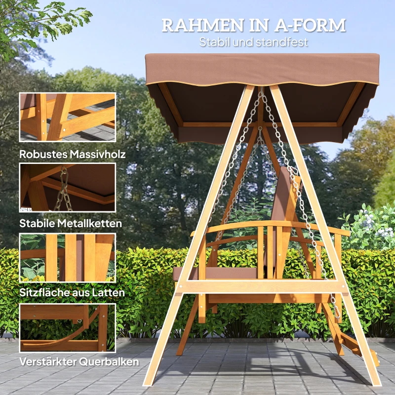 Outsunny Huśtawka Ogrodowa z Daszkiem, Drewniana, z Funkcją Leżanki, na 3 Osoby, Brąz