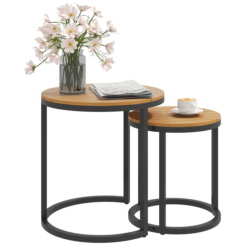 Outsunny Juego de 2 Mesas de Jardín con Encimera de Madera de Acaica Diseño Listones con Marco de Acero y Pies Ajustables Teca