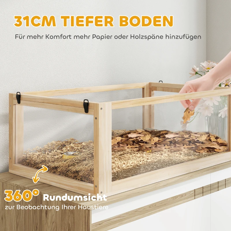 PawHut Hamsterkäfig aus Holz 3 Etagen Nagarium Nagerkäfig mit klappbarem Deckel Laufrad 80 x 50 x 76 cm Naturholz(m-5)
