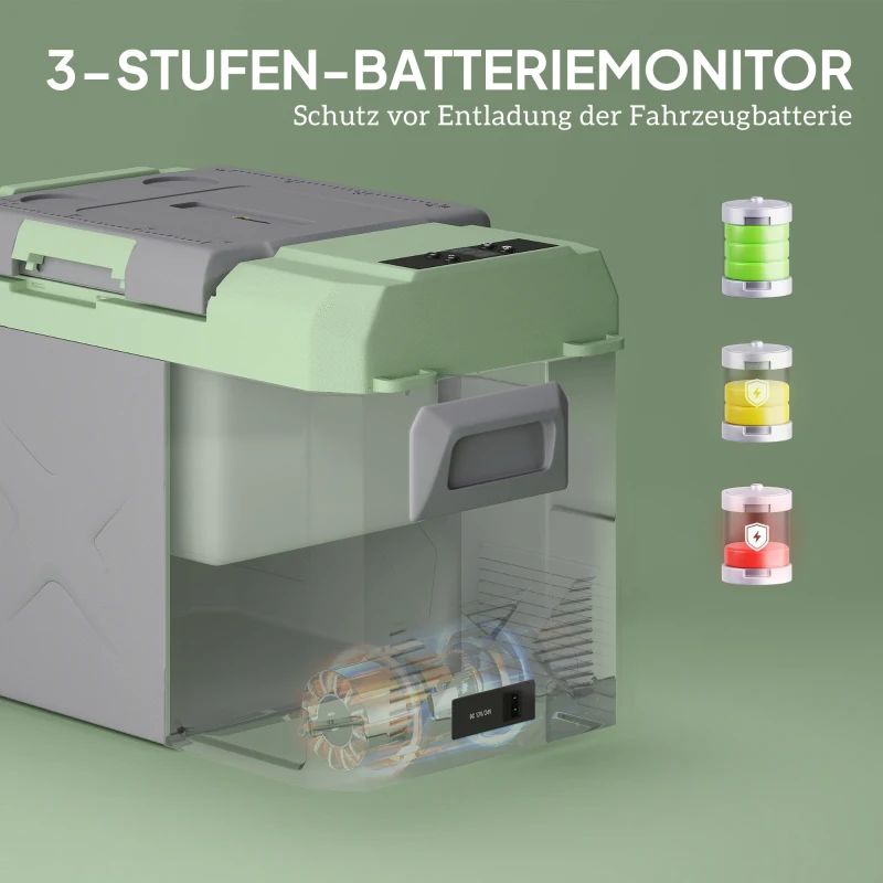 Outsunny 24,2 Liter Camping-Kühlschrank, Autokühlschrank, Kühlbox mit LED-Licht, AC- und DC-Adapter, leiser Betrieb, Grau+Grün