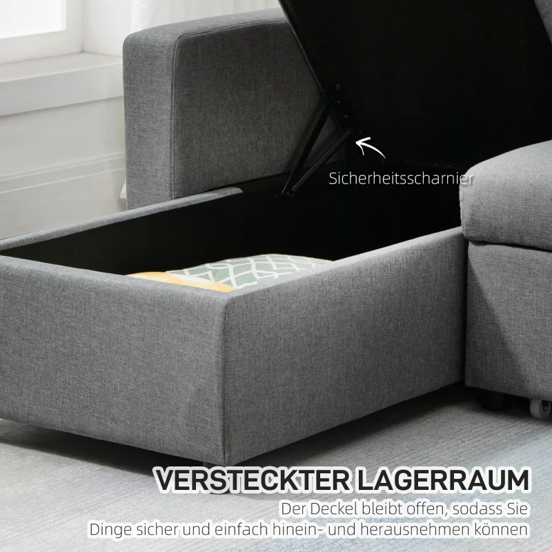 HOMCOM Ecksofa mit Schlaffunktion Stauraum Eckcouch mit Bettkasten Chaiselongue Schlafsofa Stoffsofa L-Form Leinen-Touch Hellgrau 211,5 x 146 x 85 cm