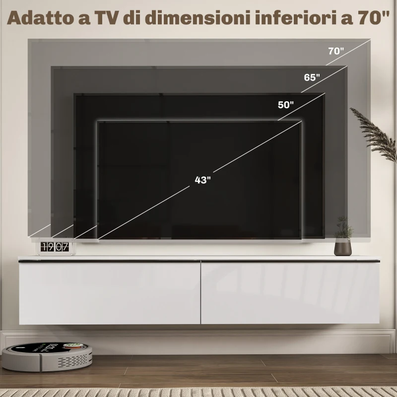 HOMCOM Mobile TV Sospeso con Armadietti con Ante a Ribalta in Legno, 160x35x30 cm, Bianco Lucido