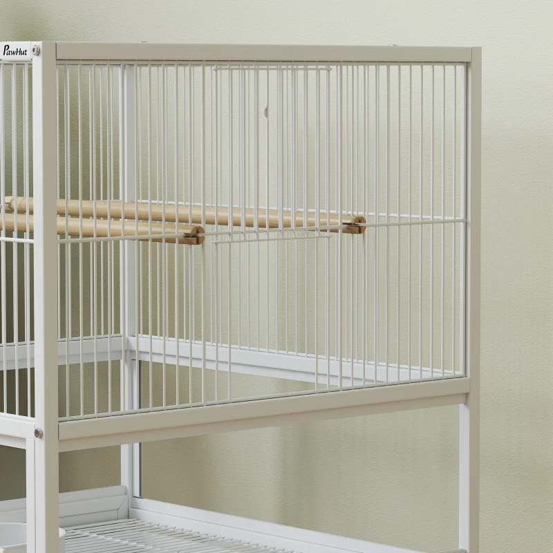 PawHut Gaiola para Pássaros Gaiola Grande com Rodas Painéis Acrílicos Comedouros Poleiros Prateleira Bandeja Amovível Gaiola para Papagaios Canários 48x46x83 cm Branco