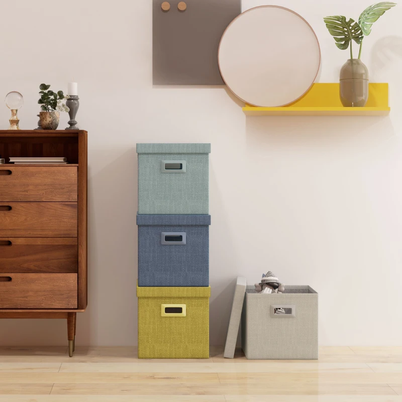 HOMCOM Set 4 Scatole per Armadi in Tessuto con Coperchio e Pieghevoli 30x30x29cm, Blu, Crema, Verde e Grigio Chiaro