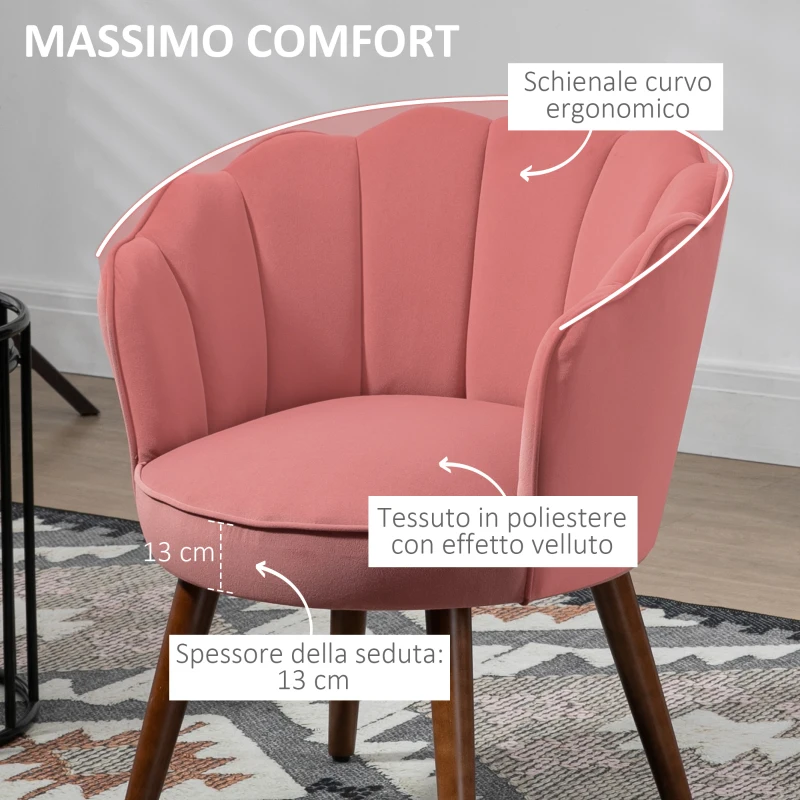 HOMCOM Poltrona Imbottita con Schienale a Conchiglia e Gambe in Legno, Poltrona in Velluto per Salotto e Camera, 66x66x78.5cm, Rosa