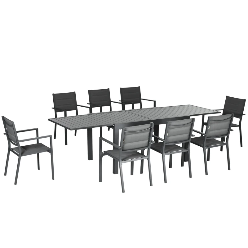 Outsunny Salon de jardin table extensible 135-270 cm en aluminium et textilène 6/10 personnes 8 chaises empilables gris