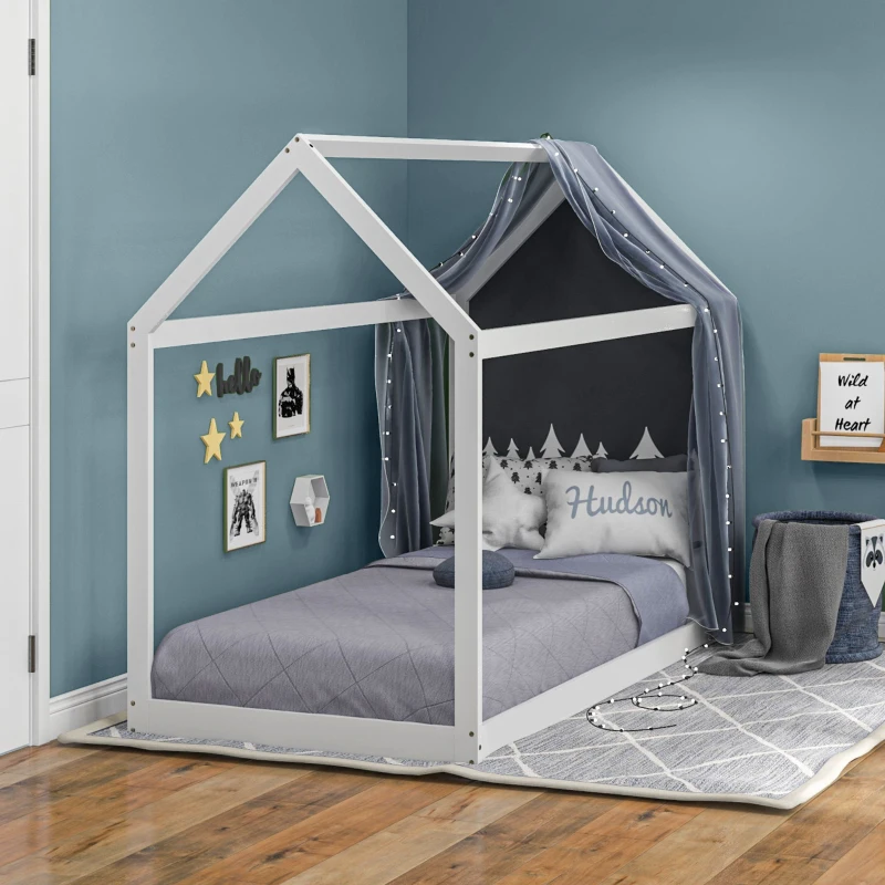 HOMCOM Cama Individual de 90x190 cm Somier de Madera en Forma de Casa Carga 120 kg para Dormitorio Blanco