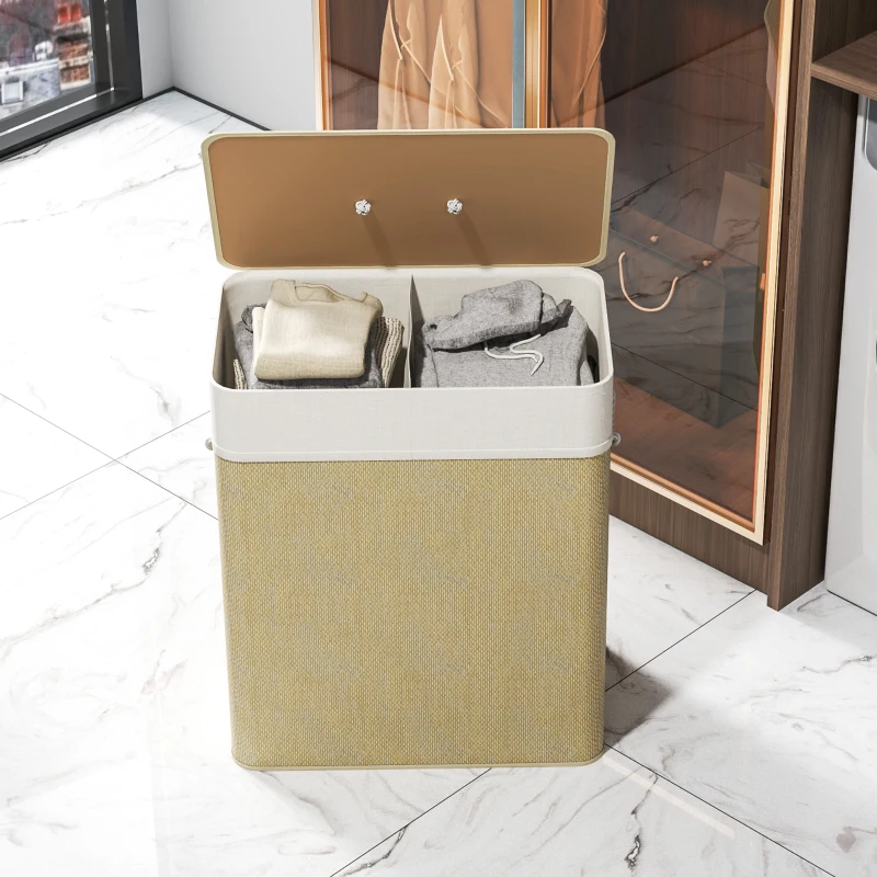 HOMCOM Cesto de Roupa com Tampa 100L de Bambu com 2 Compartimentos Bolsa Interior Amóvivel 52x32x63 cm Bege e Creme