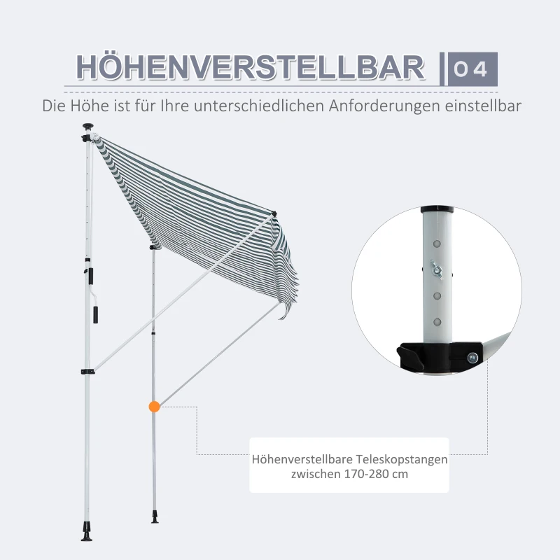 Outsunny Klemmarmmarkise mit Faltarm Höhenverstellbar Wetterbeständig 300 cm × 150 cm x 280 cm blau + weiß