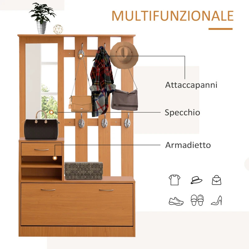 HOMCOM Set Mobili Ingresso Moderno con Scarpiera e Specchio, Appendiabiti da Ingresso con 6 Ganci, 2 Ripiani Regolabili e Cassetti in Legno per Corridoio, 90x24x177 cm, Legno