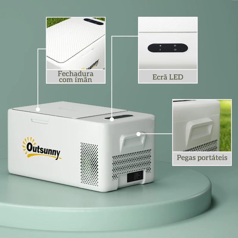 Outsunny Geleira Portátil Elétrica 16,8L 12V-220V Mini Geleira com Compressor Luz LED Ecrã Digital Modos ECO e MAX de -20℃ a +20℃ 59x32x26 cm Creme
