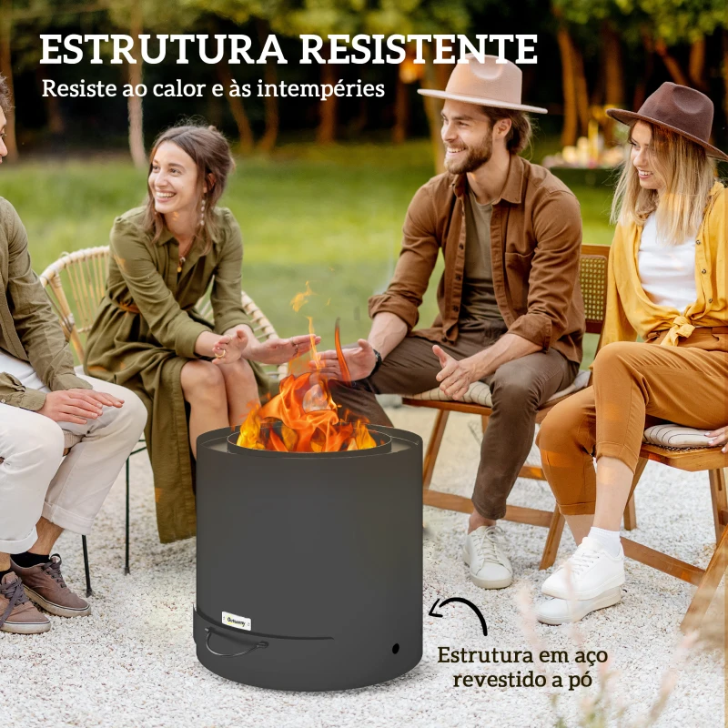 Outsunny Braseiro Exterior Redondo Ø45x42 cm de Aço Braseiro de Jardim com Bandeja para Cinzas e Atizador Protetor de Faíscas Preto