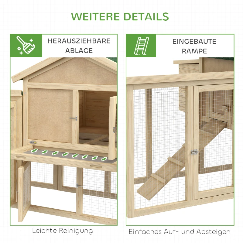 PawHut Hühnerstall mit Freigehege, inkl. Nistkasten, Rampe und Bodenwanne Tannenholz Naturholz(m-7)