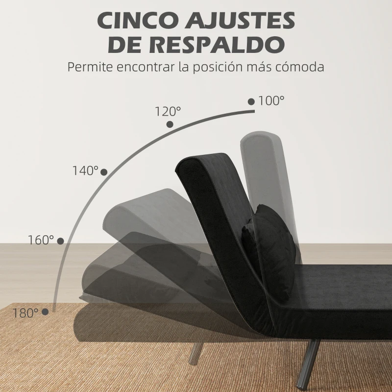 HOMCOM Sofá Cama Convertible 3 en 1 Sillón Cama 2 Plazas Plegable Respaldo Ajustable de 5 Niveles Almohadas 102x73x81cm Negro(m-5)