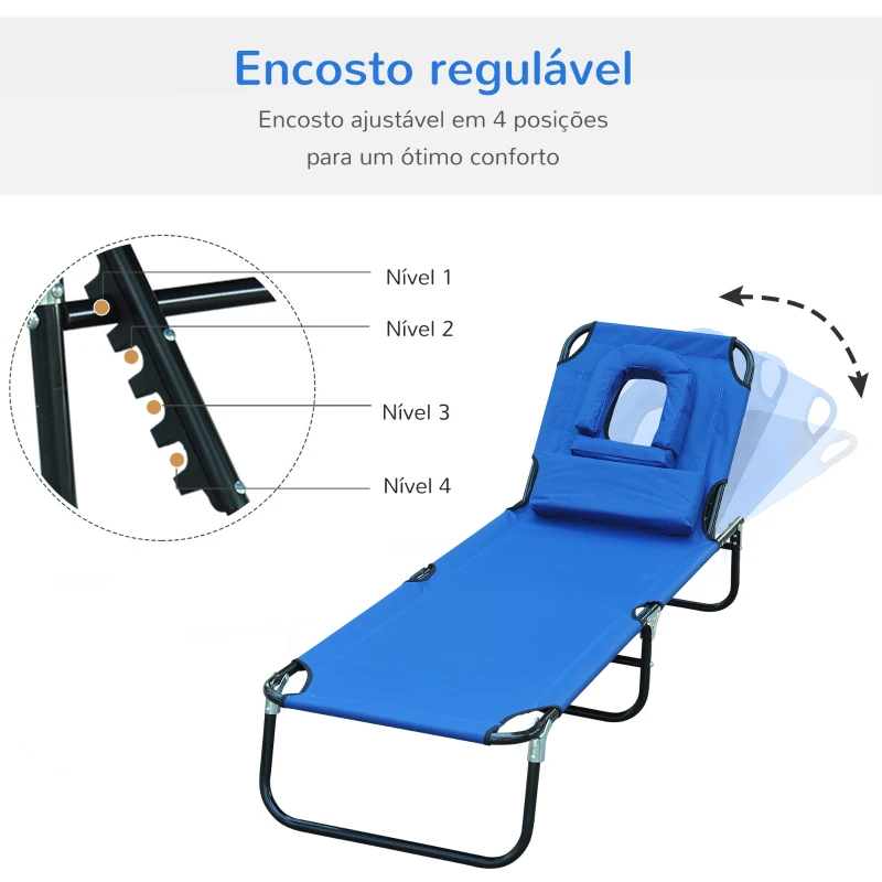 Outsunny Espreguiçadeira Dobrável com Encosto Ajustável em 4 Posições Espreguiçadeira de Jardim com Almofada Estrutura de Aço Tecido Oxford para Acampamento Praia Terraço 190x56x28cm Azul