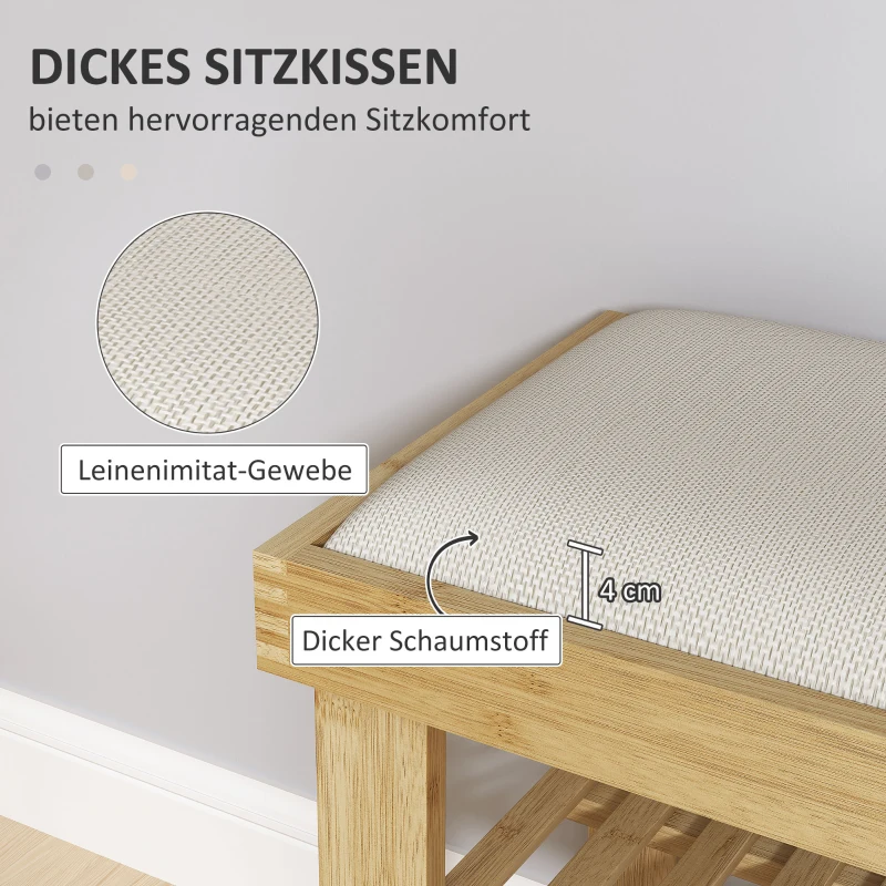HOMCOM Ławka na Buty z Miejscem Siedzenia, Bambus z Przestrzenią do Przechowywania, 2 Otwarte Przegrody, 60 x 29 x 49 cm Kremowobiały