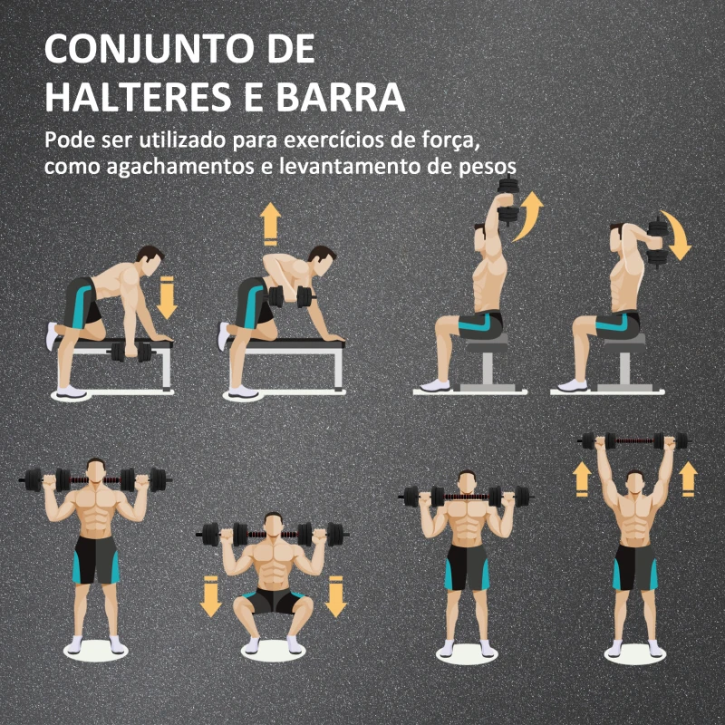 HOMCOM Conjunto de Halteres de 20 kg 2 em 1 com Barras de Conexão e Barra de Extensão Treinamento de Força e Levantamento de Pesos Preto