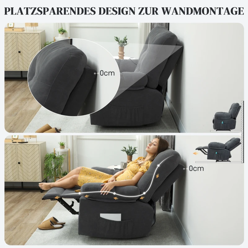 HOMCOM Recliner-Sessel, Massage-Polstersessel mit 8 Vibrationspunkten, verstellbare Fußstütze, Seitentasche, Lehnsessel, Grau(m-9)