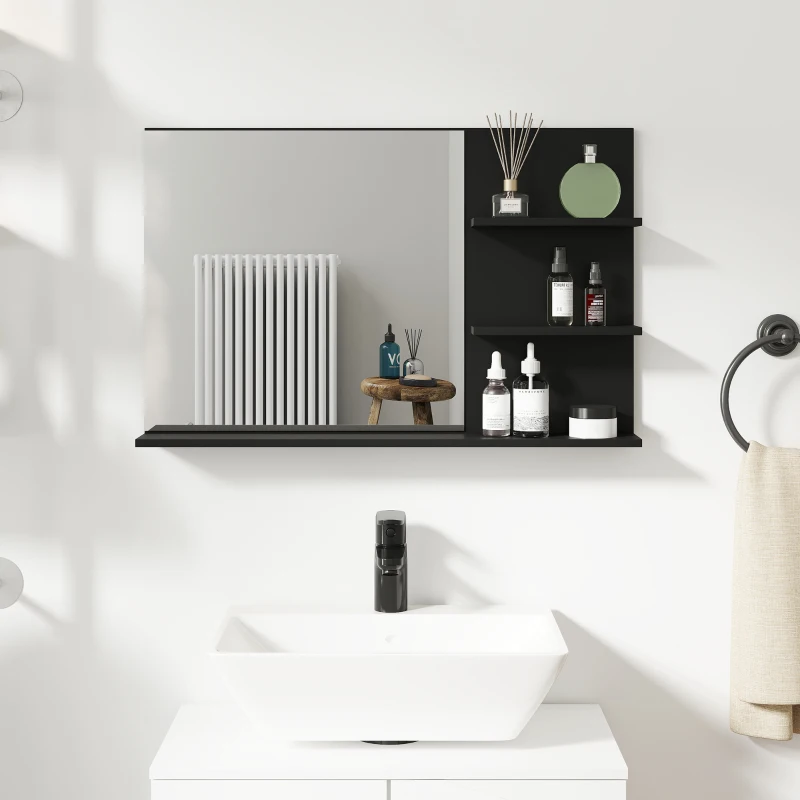 kleankin Specchio Bagno Moderno con 2 Ripiani Laterali e Ripiano Inferiore, in Legno e Vetro, 75x10x48 cm, Nero