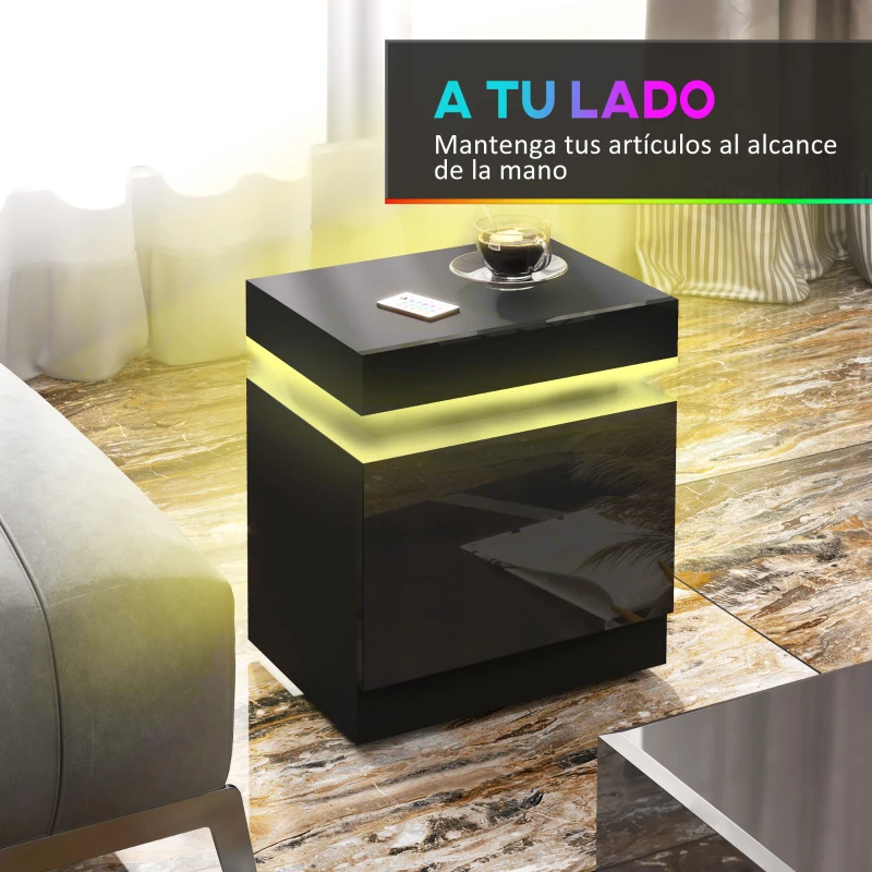 HOMCOM Mesilla de Noche con Luces LED 2 Cajones y Control Remoto Mesa de Noche para Dormitorio Salón 45x35x52 cm Negro
