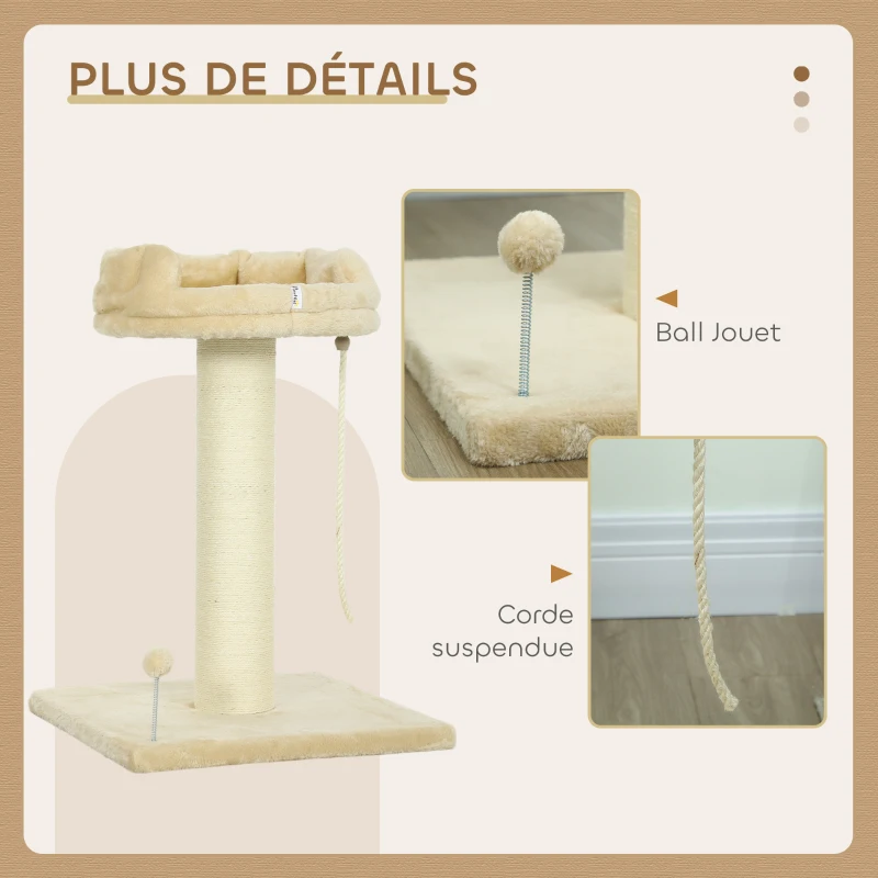 PawHut Arbre à chat grattoir design jeu boule et cordelette suspendue+ plateforme peluche - 55 x 55 x 83 cm - sisal beige