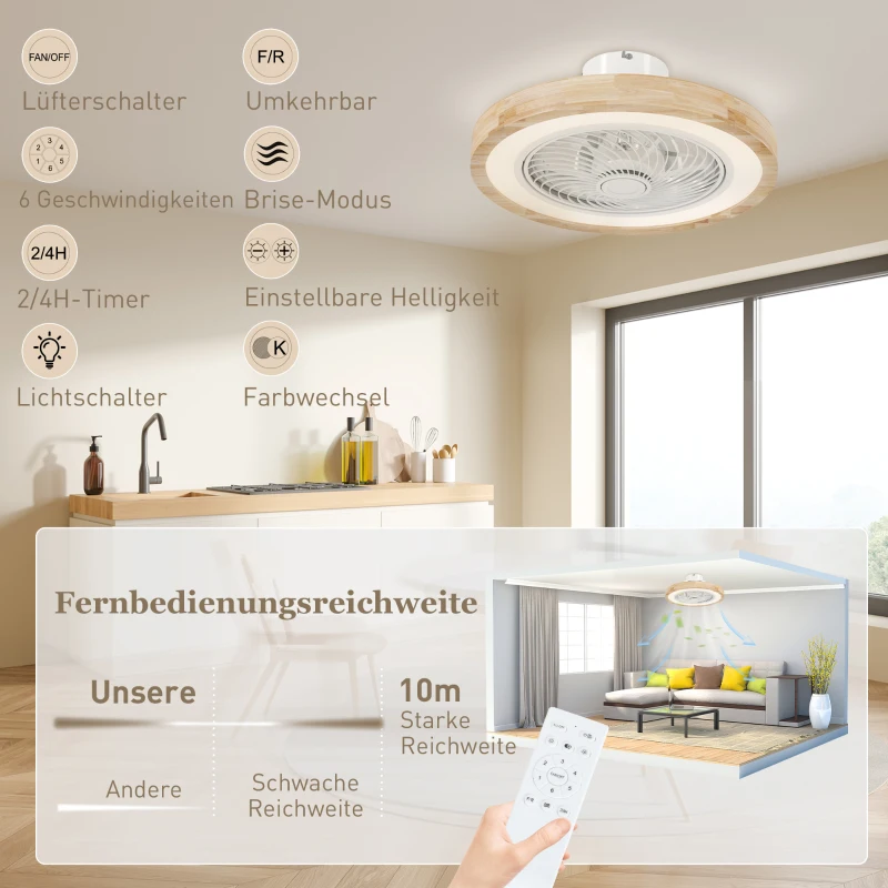HOMCOM Wentylator sufitowy z lampą i pilotem, 6 prędkości, regulowana jasność, cichy motor, Jasnobrązowy