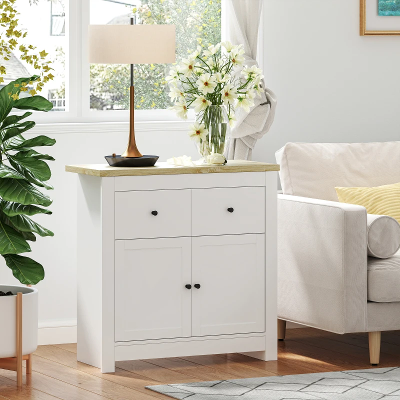 HOMCOM Kommode mit viel Stauraum, Sideboard mit Soft-Close-Türen, 2 Schubladen, verstellbares Regal, Weiß(m-2)