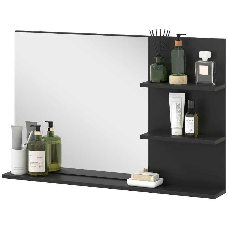 kleankin Specchio Bagno Moderno con 2 Ripiani Laterali e Ripiano Inferiore, in Legno e Vetro, 75x10x48 cm, Nero