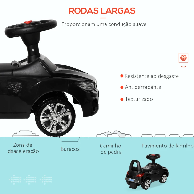 HOMCOM Carro Andador para Crianças com Faróis Música Buzina Volante Compartimento de Armazenamento 63,5x28x36 cm Preto