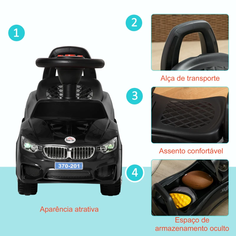HOMCOM Carro Andador para Crianças com Faróis Música Buzina Volante Compartimento de Armazenamento 63,5x28x36 cm Preto