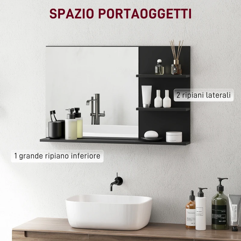 kleankin Specchio Bagno Moderno con 2 Ripiani Laterali e Ripiano Inferiore, in Legno e Vetro, 75x10x48 cm, Nero