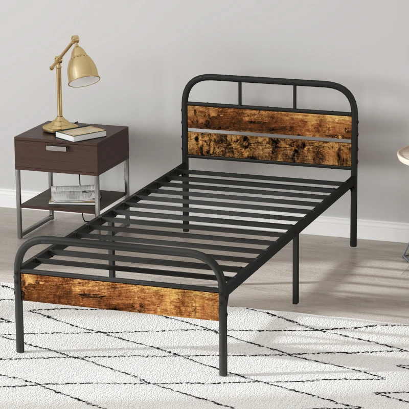 HOMCOM Industrial-Style Single Bed Frame - Black/Brown