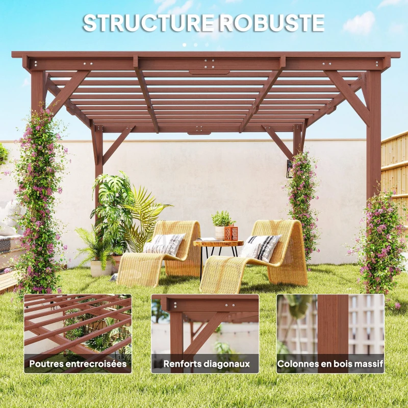 Outsunny Tonnelle de jardin stable pour plantes grimpantes, pergola en bois, 3,3 x 3,8 m, treillis pour vignes et fleurs