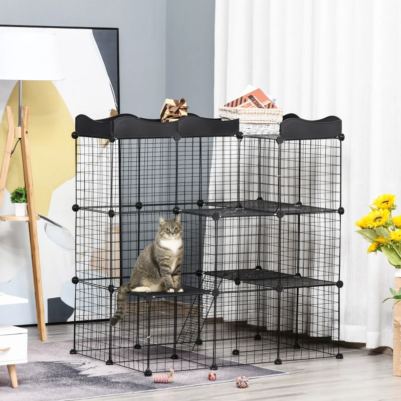 PawHut Recinto per Animali Domestici Modulabile e Multilivello con Rampa e 2 Porte in Acciaio e PP, 105x70x116 cm, Nero