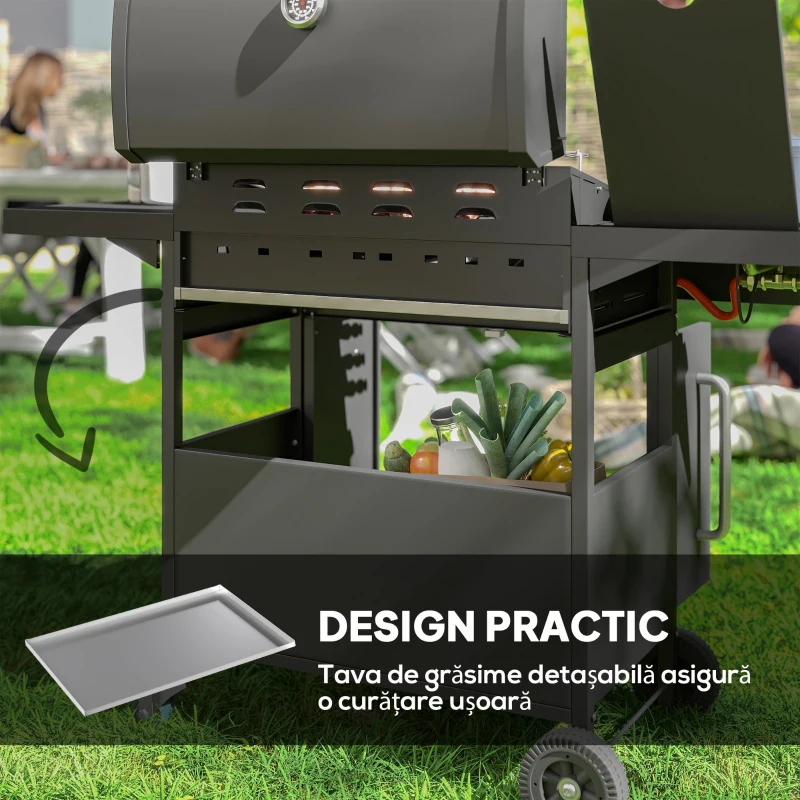 Outsunny Grătar pe Gaz cu Dulăpior, Capac, Măsuță Laterală și Tavă de Colectare a Grăsimii, 129,5x56x110 cm, Negru