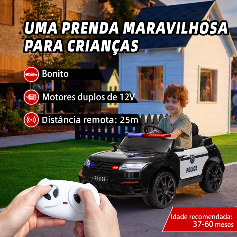 AIYAPLAY Carro Elétrico de Policia para Crianças com Bateria 12V Controlo Remoto Farol Buzina Sirene e Música 112x66x50 cm Preto