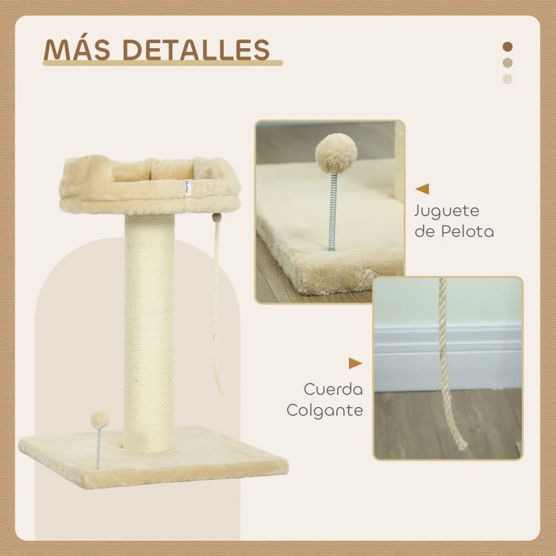 PawHut Árbol Rascador para Gatos Pequeños con Plataforma Cuerda Bola con muelle y Poste de Sisal 55x55x83 cm Beige